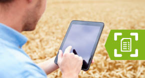 Un homme dans un champ de blé tenant une tablette
